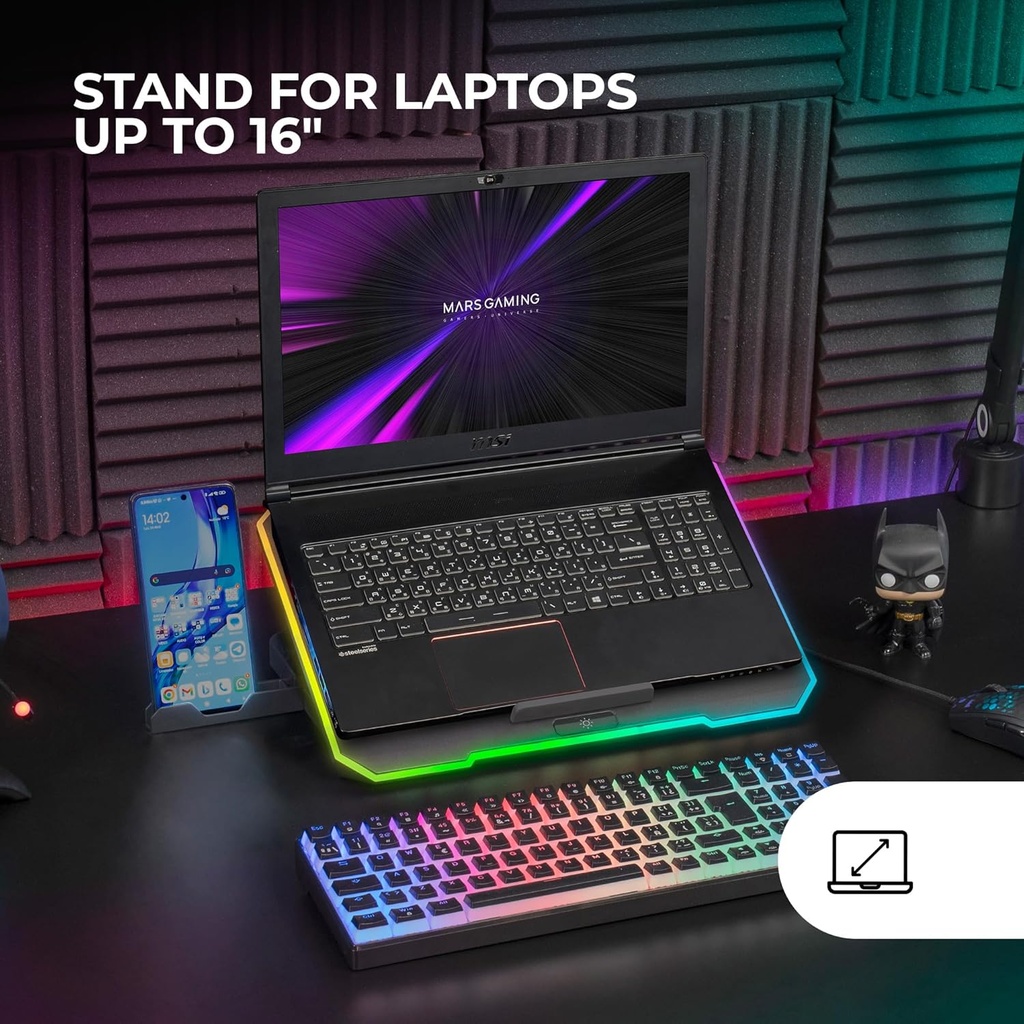 Mars Gaming MNBC7, Base de Refroidissement et support 16", RGB 10 Modes, 6 Ventilateurs contrôlables