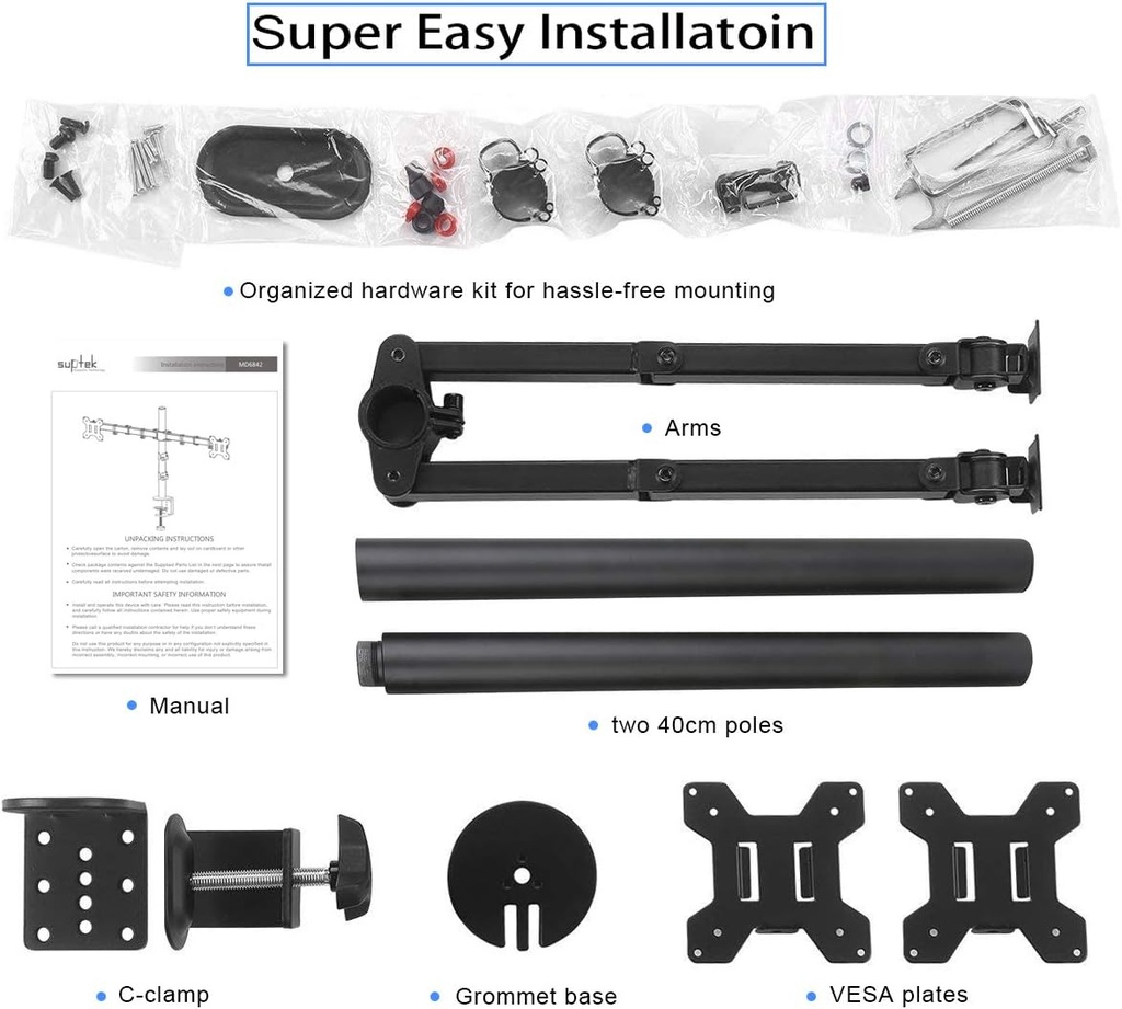 	Suptek support écran PC 2 ecran, Moniteurs 13-27 Pouces 