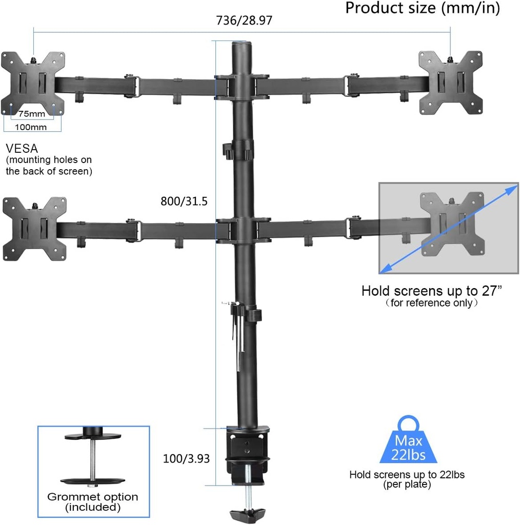 Suptek support de moniteur à 4 Bras, entièrement réglable  de  13" à 27 pouces