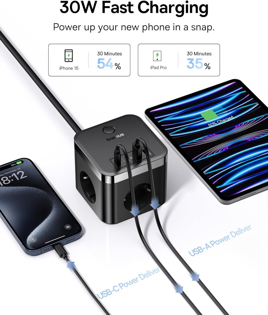 Baseus Bloc multiprise GaN5 USB C 30 W - Chargeur USB C - 3 prises avec interrupteur