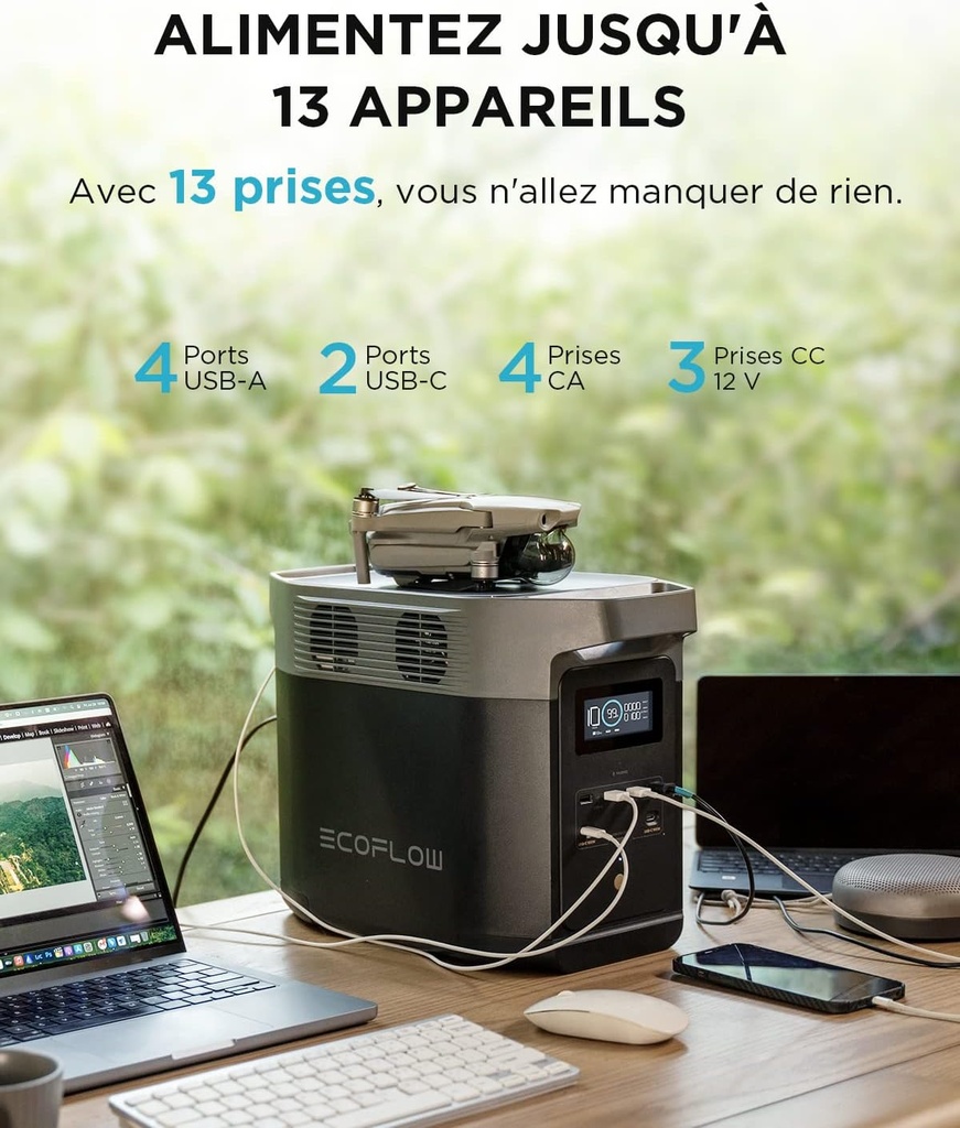 Station électrique portable Delta 2 ECOFLOW, 1024Wh batterie LFP, charge rapide 13 ports