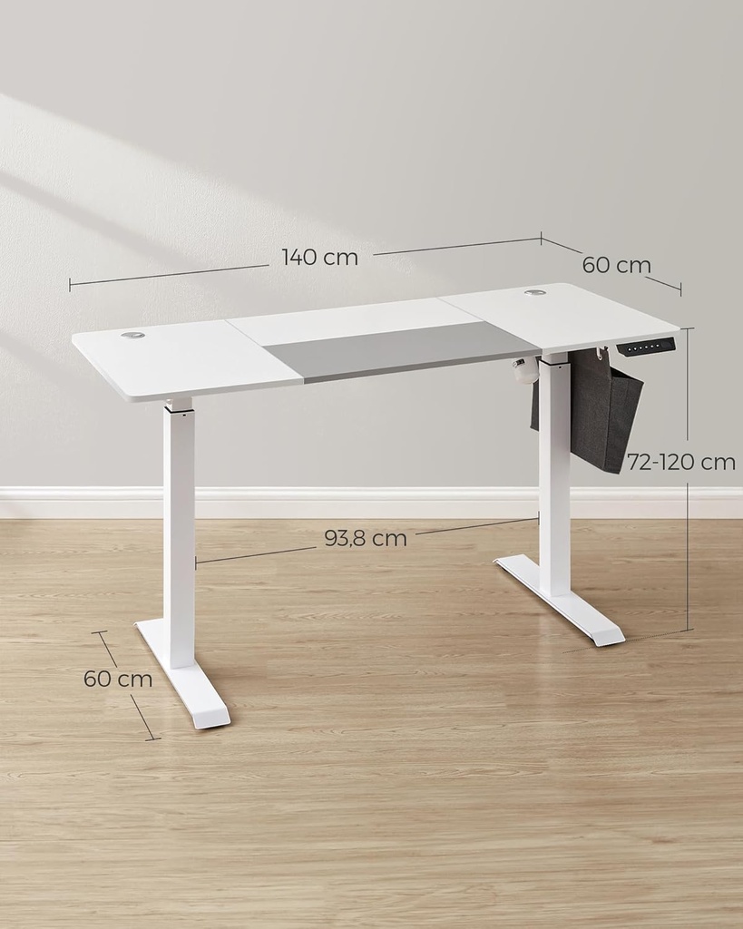 SONGMICS Bureau Électrique Assis-Debout, Bureau Réglable en Hauteur, 60P x 140L x (72-120)H cm, 4 Hauteurs Mémorisables