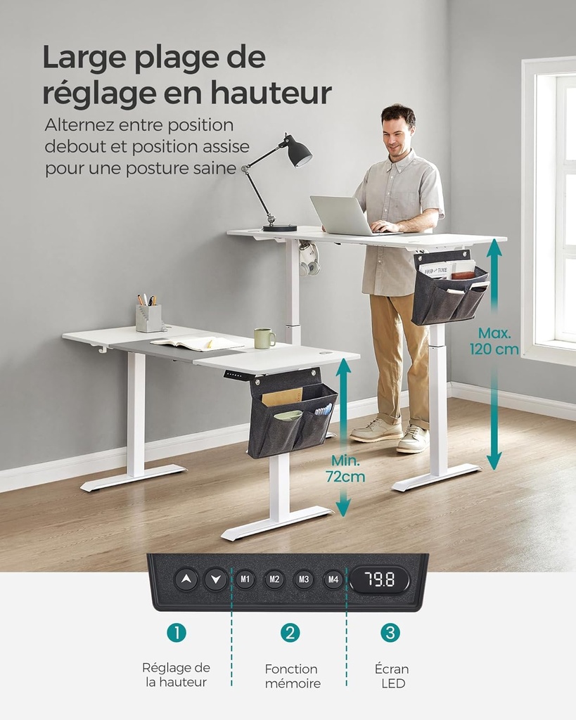 SONGMICS Bureau Électrique Assis-Debout, Bureau Réglable en Hauteur, 60P x 140L x (72-120)H cm, 4 Hauteurs Mémorisables