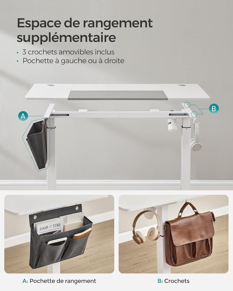 SONGMICS Bureau Électrique Assis-Debout, Bureau Réglable en Hauteur, 60P x 140L x (72-120)H cm, 4 Hauteurs Mémorisables