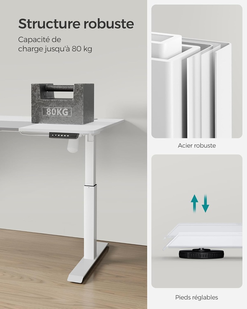 SONGMICS Bureau Électrique Assis-Debout, Bureau Réglable en Hauteur, 60P x 140L x (72-120)H cm, 4 Hauteurs Mémorisables