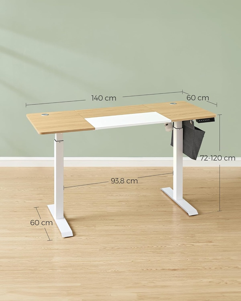 SONGMICS Bureau Électrique Assis- Debout, Bureau Réglable en Hauteur, 60P x 140L x (72-120)H cm, 4 Hauteurs Mémorisables