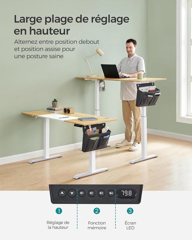 SONGMICS Bureau Électrique Assis- Debout, Bureau Réglable en Hauteur, 60P x 140L x (72-120)H cm, 4 Hauteurs Mémorisables