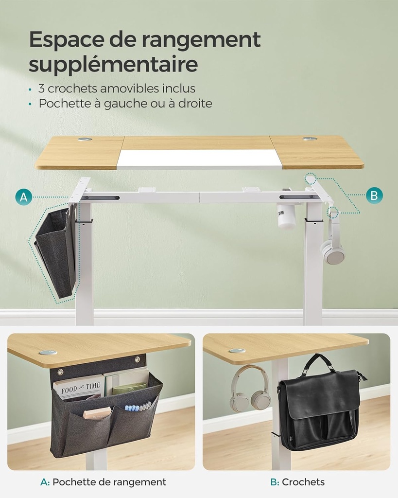 SONGMICS Bureau Électrique Assis- Debout, Bureau Réglable en Hauteur, 60P x 140L x (72-120)H cm, 4 Hauteurs Mémorisables