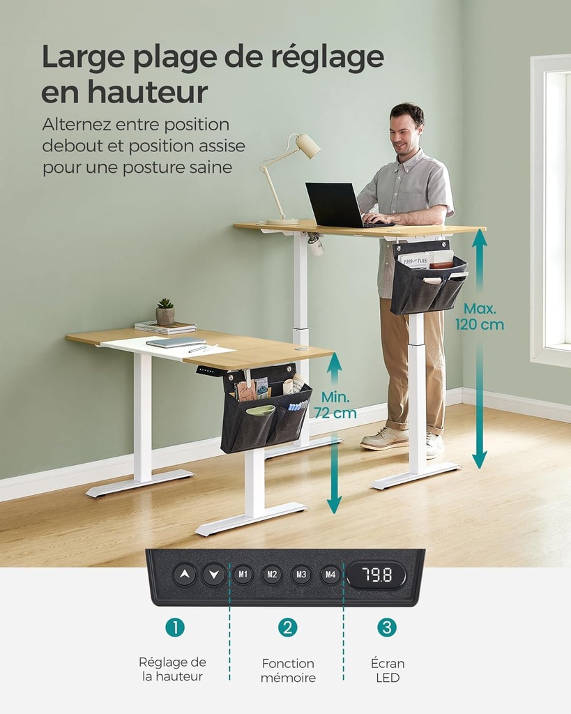 SONGMICS Bureau Électrique Assis-Debout, Bureau Réglable en Hauteur, 60P x 120L x (72-120)H cm, 4 Hauteurs Mémorisables