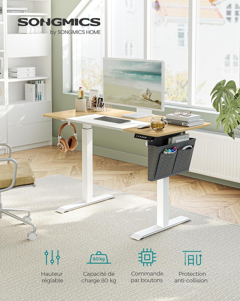 SONGMICS Bureau Électrique Assis-Debout, Bureau Réglable en Hauteur, 60P x 120L x (72-120)H cm, 4 Hauteurs Mémorisables