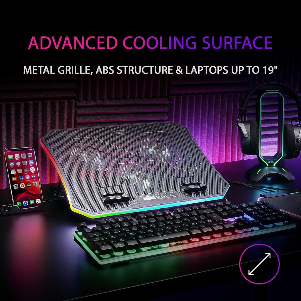 Mars Gaming MNBC6, Base de Refroidissement + Support XL 19'' ARGB, 3 Ventilateurs