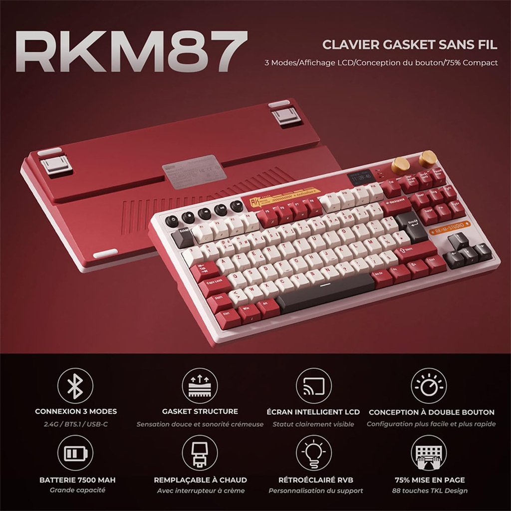 Clavier Mécanique Gamer RK ROYAL KLUDGE M87 sans Fil , avec  Deux Boutons (AZERTY)