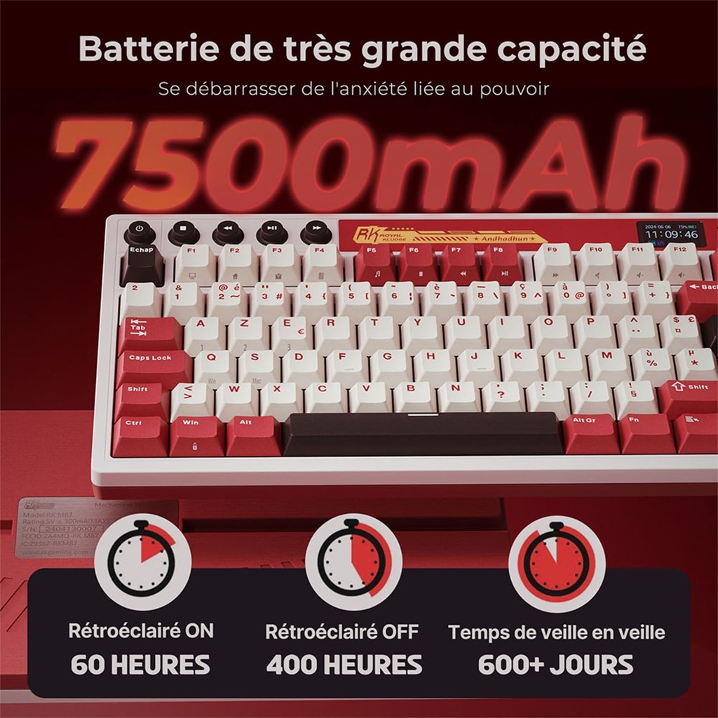 Clavier Mécanique Gamer RK ROYAL KLUDGE M87 sans Fil , avec  Deux Boutons (AZERTY)