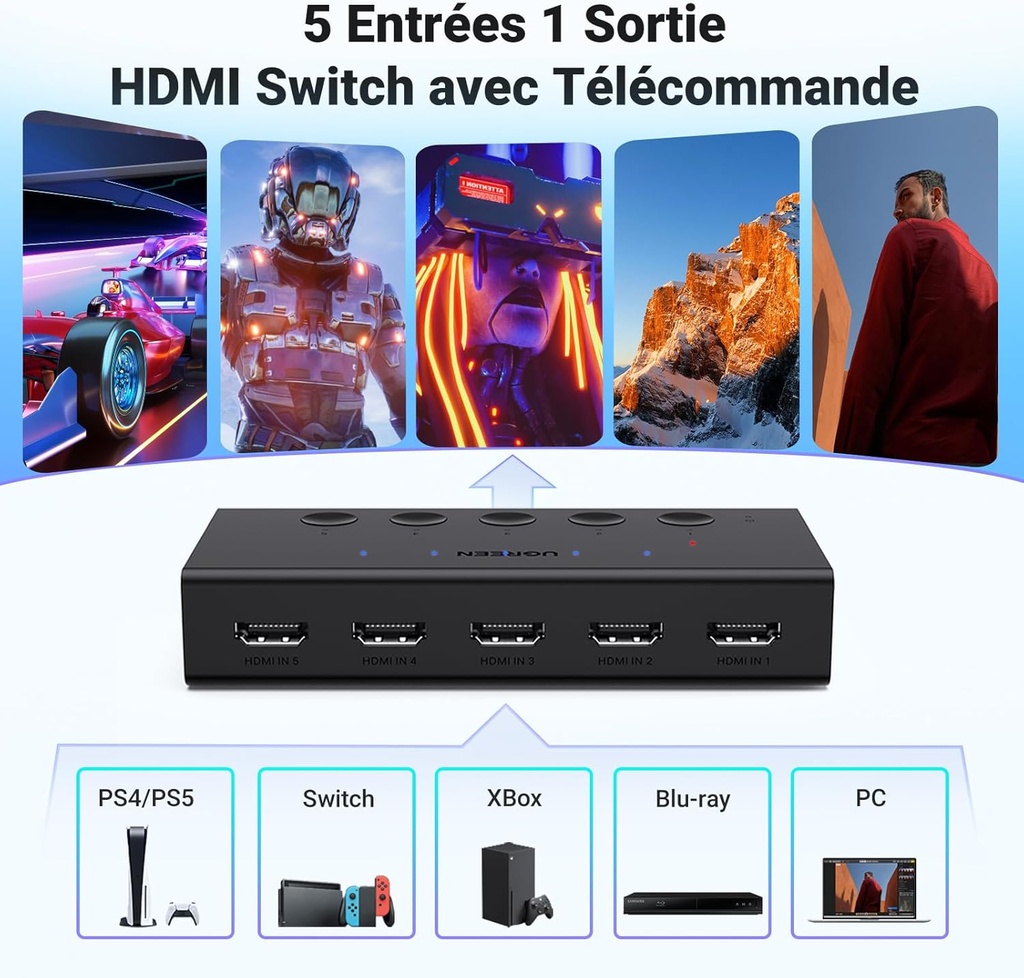 UGREEN HDMI 2.0 Switch 5 entrées 1 sortie HDMI Switch Splitter 4K @ 60Hz