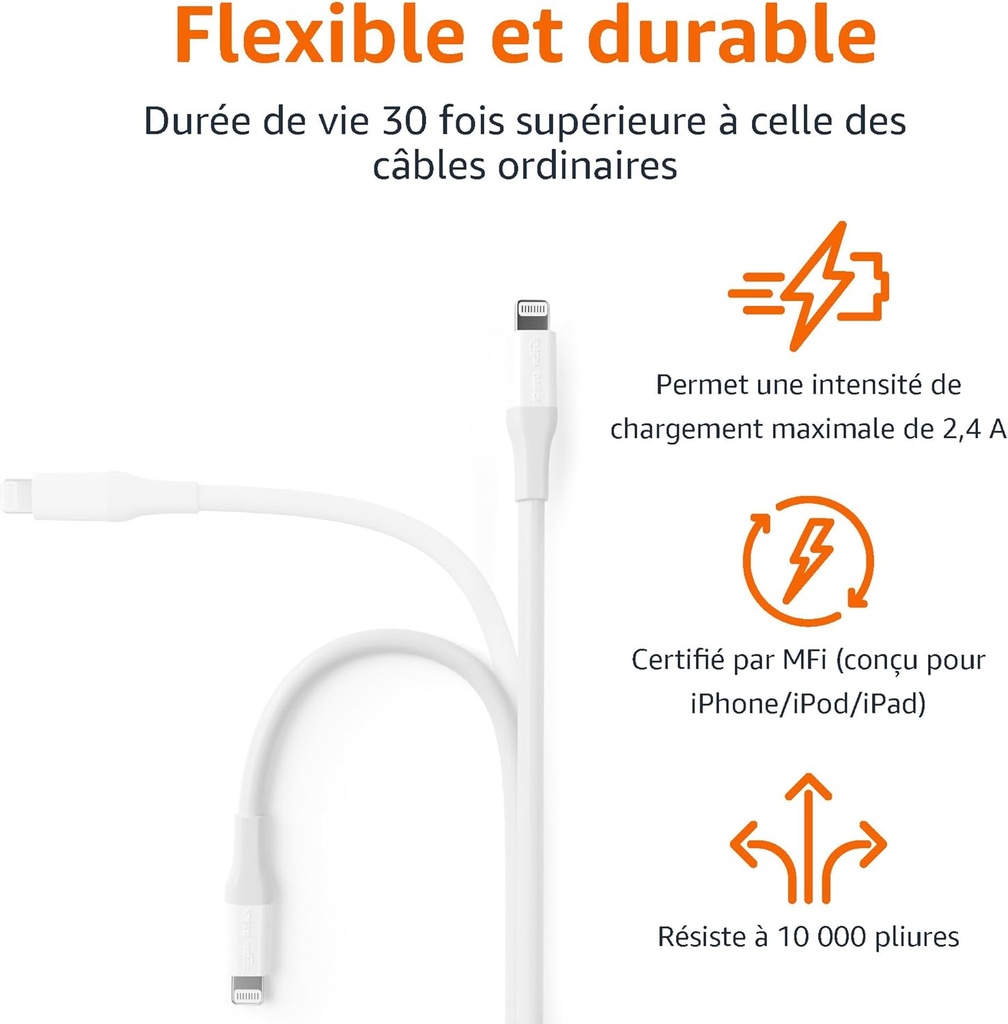 Amazon Basics Câble USB-2.0 type C vers Lightning  3 m, blanc