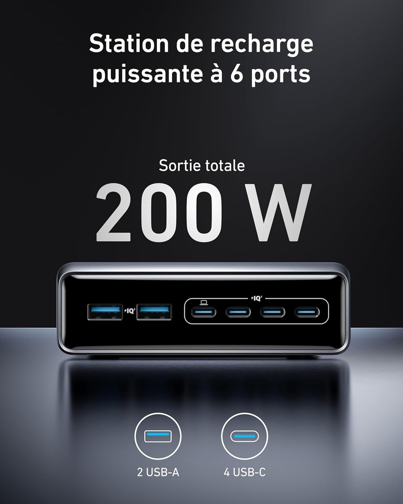 Chargeur USB C Anker Prime GaN 200W, Station de Recharge 6 Ports 