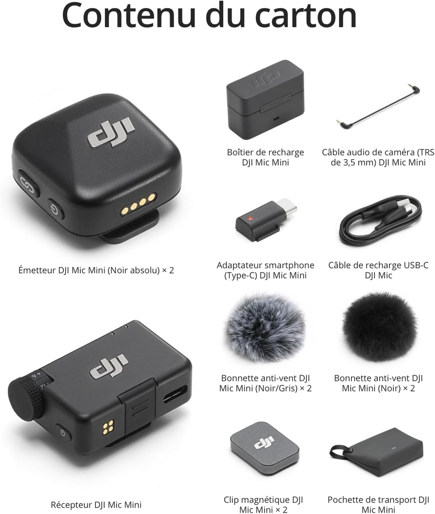 DJI Mic Mini (2 TX+1RX+Boîtier de Recharge),Ultra- léger