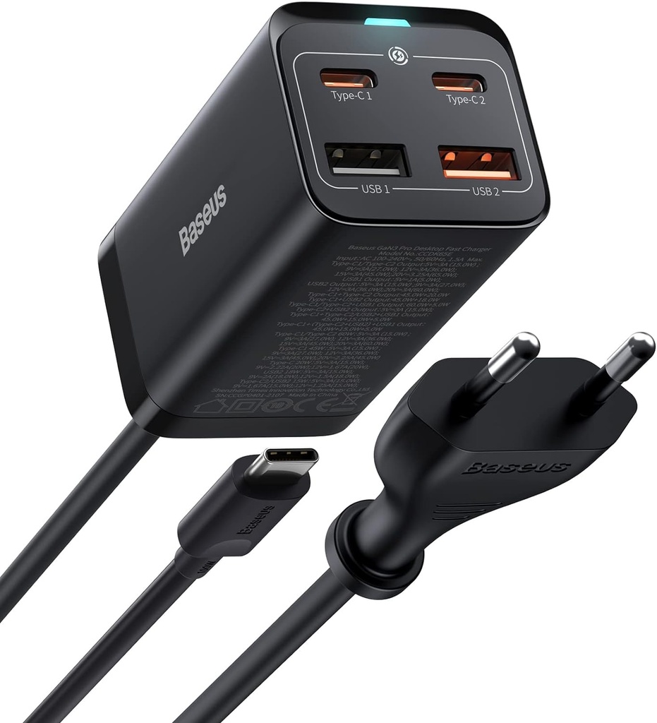 Baseus Chargeur USB C Rapide 65W, PD GaN3 Fast Wall Block, 4-Ports [2USB-C + 2USB]