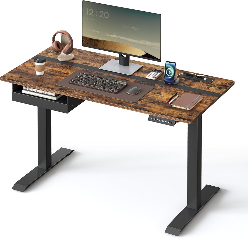 VASAGLE Bureau Électrique Réglable en Hauteur, Bureau Assis- debout, Multiprise, Tiroir, 60 x 120 cm, Réglable en Continu, Fonction Mémoire de 4 Hauteurs, Marron Rustique et Noir d'encre