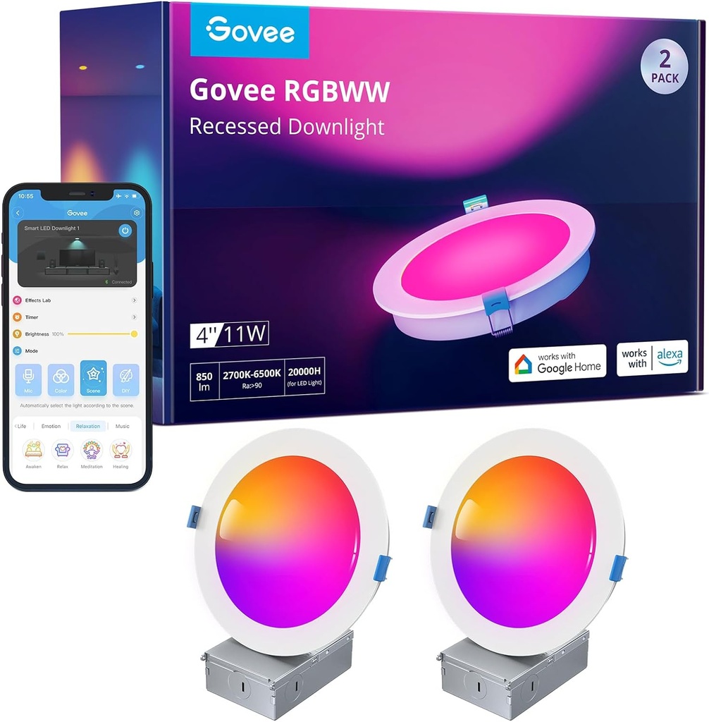 Govee Smart RGBWW, spots encastrables LED à intensité variable 120 mm, 11 W 850 LM, 2700 K-6500 K Wifi et Alexa