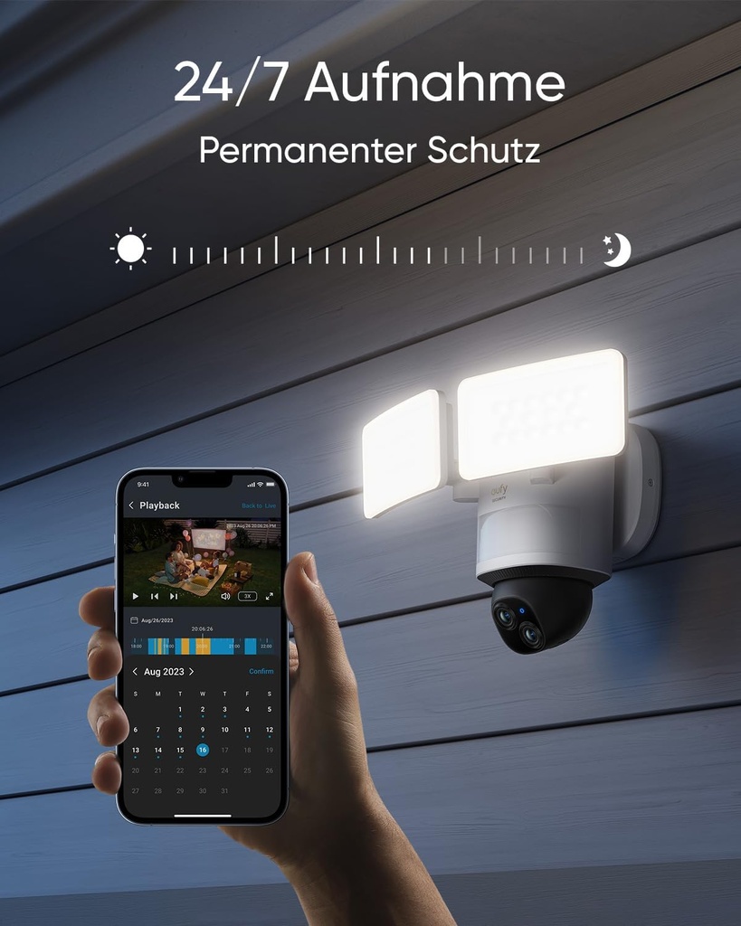 eufy Security Floodlight Camera E340, 360° Pan & Tilt Function, 24/7 Recording