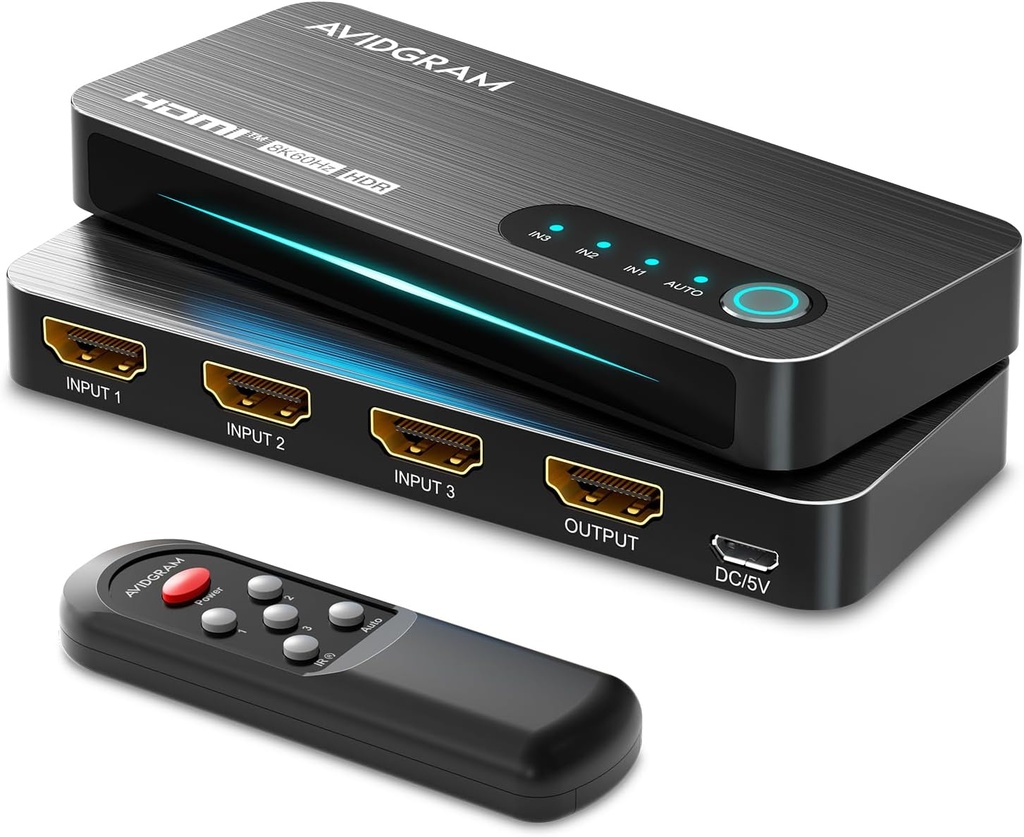 Switch HDMI 2.1 8K 60Hz, AVIDGRAM HDMI Commutateur 3 entrées 1 Sortie avec télécommande IR