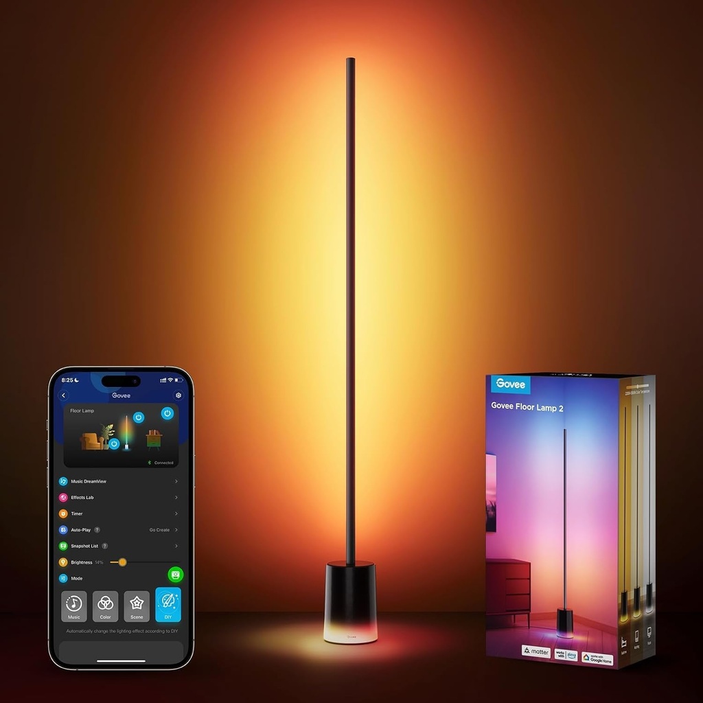 Govee Lampadaire LED RGBIC, Lampe sur Pied Salon Compatible avec Alexa et Matter, 152cm (Noir)
