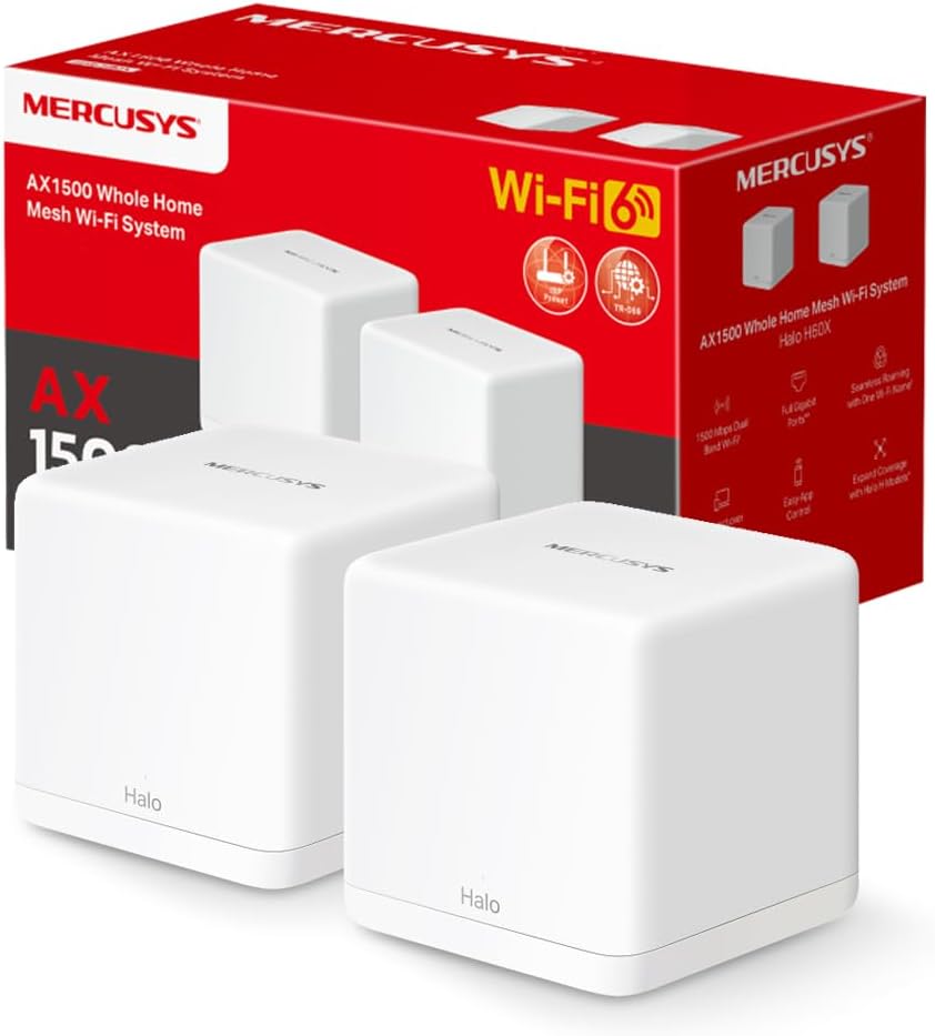 [Halo H1500X(2-pack)] MERCUSYS Halo H1500X, Wi-Fi Mesh 6 AX1500, pack de 2, couverture 350 m²