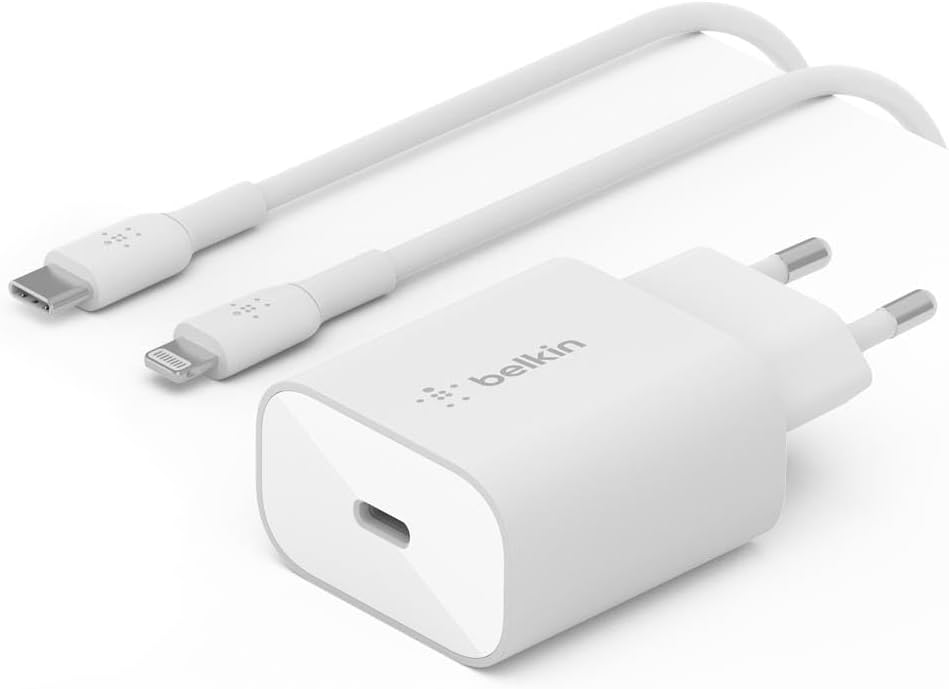 Belkin Chargeur secteur USB-C  25 W avec câble MFi USB-C vers Lightning (USB Type-C, adaptateur PD PPS) compatible charge rapide, pour iPhone 13, 12, Pro, Pro Max, mini, etc.)