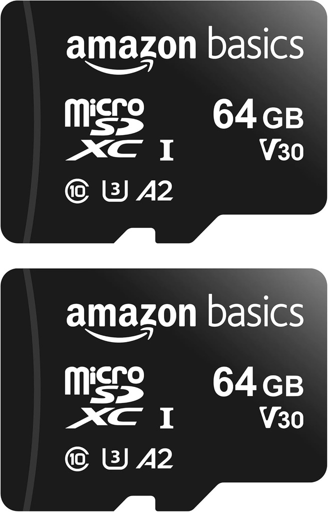 Amazon Basics - Carte Mémoire MicroSDXC, avec Adaptateur SD, A2, U3, vitesse de lecture maximale de 100 Mb/s, 64 GB (lot de 2), Noir