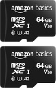Amazon Basics - Carte Mémoire MicroSDXC, avec Adaptateur SD, A2, U3, vitesse de lecture maximale de 100 Mb/s, 64 GB (lot de 2), Noir