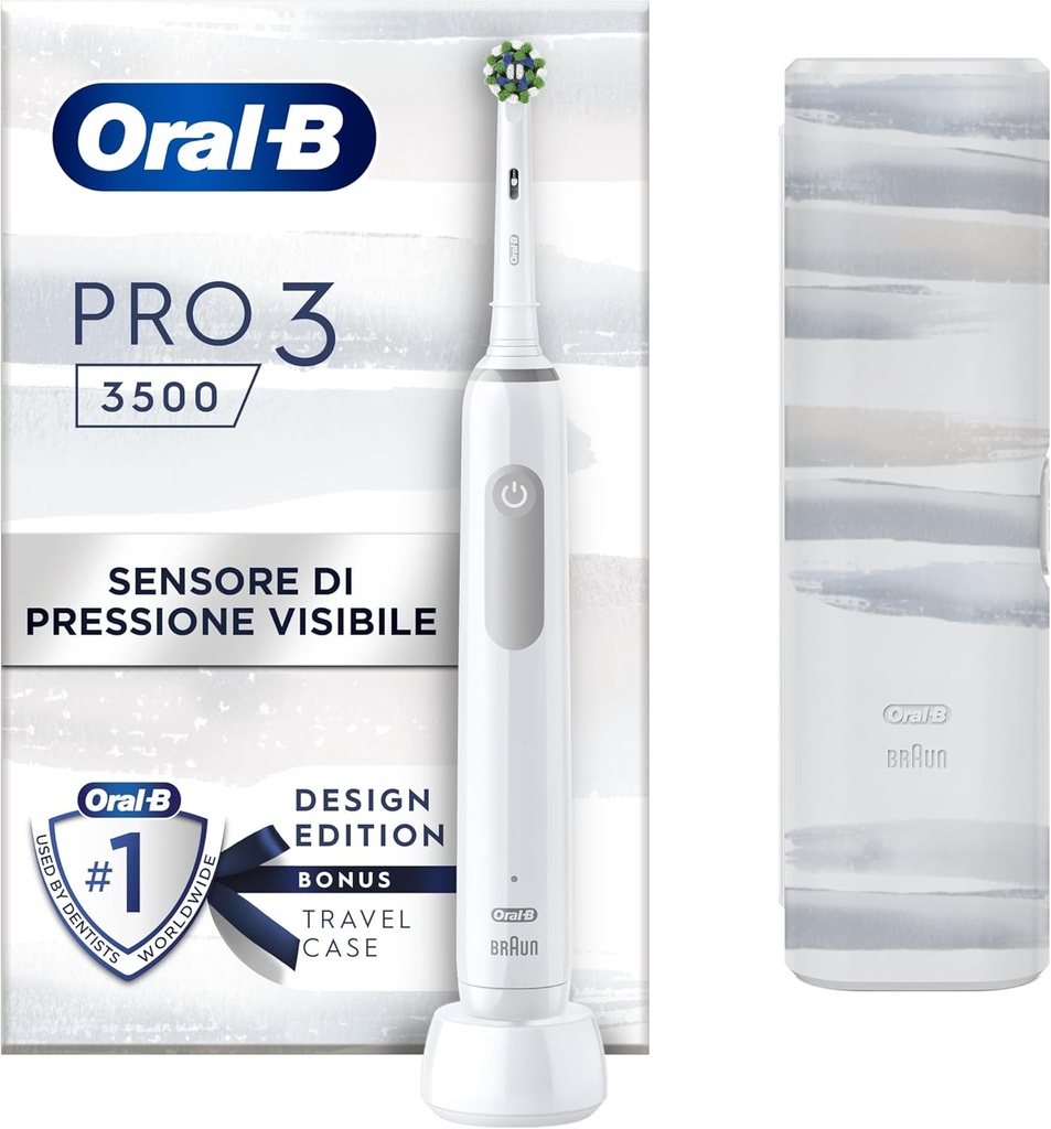 Oral-B Pro 3 3500 Brosse à dents électrique rechargeable blanche, 1 tête, 1 étui de voyage, 1 brosse à dents