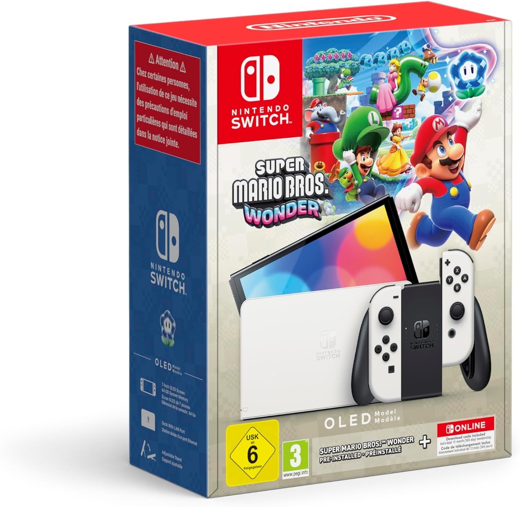 Nintendo Switch – Modèle OLED (blanc) + Super Mario Bros. Wonder + abonnement individuel de 12 mois  au service Nintendo Switch Online