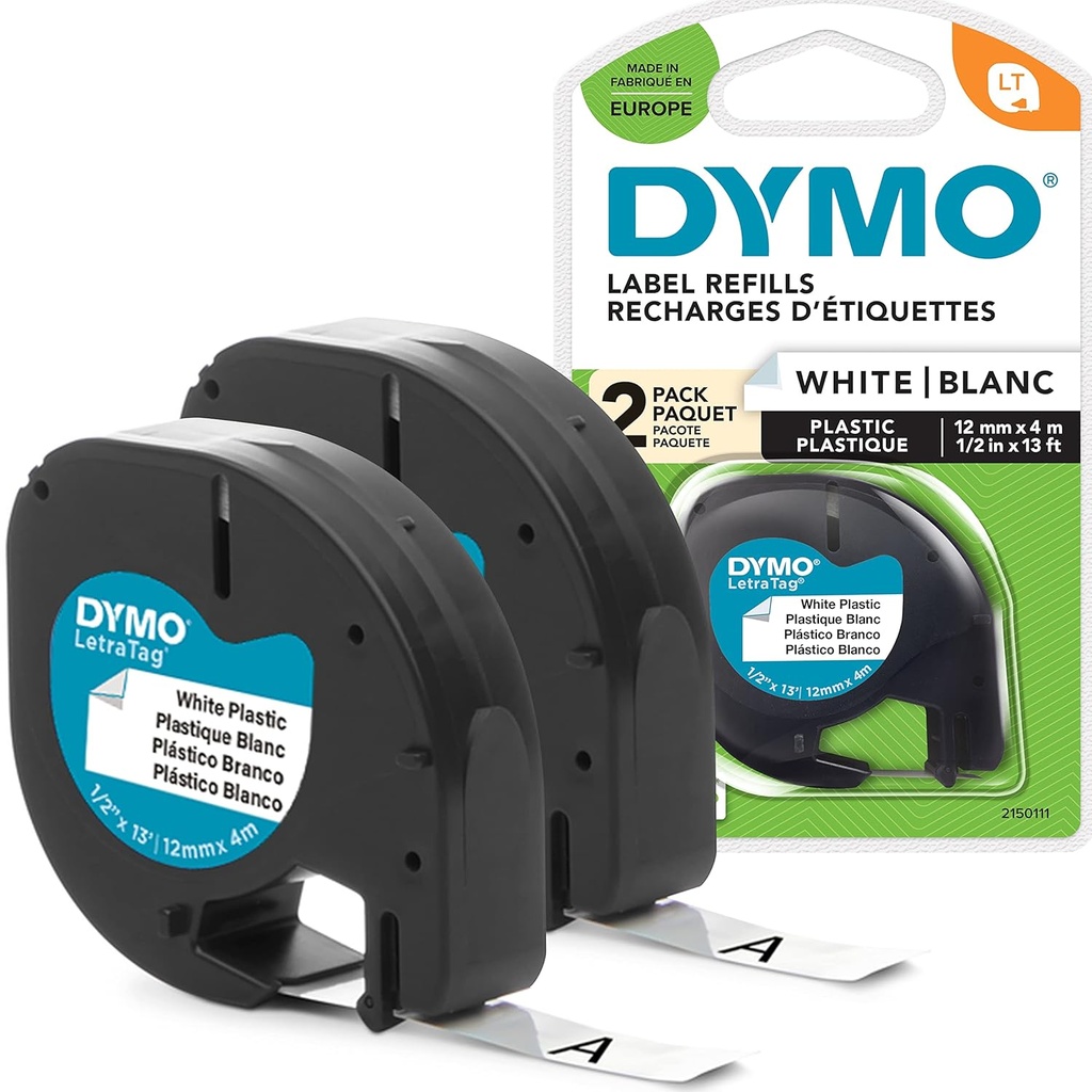 DYMO LetraTag, lot de 2 rubans plastique noir sur blanc, 12 mm × 4 m