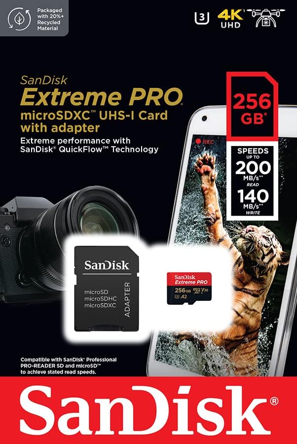 SanDisk Extreme PRO 256 Go microSDXC, Carte mémoire + adaptateur SD jusqu'à 200 Mo/s