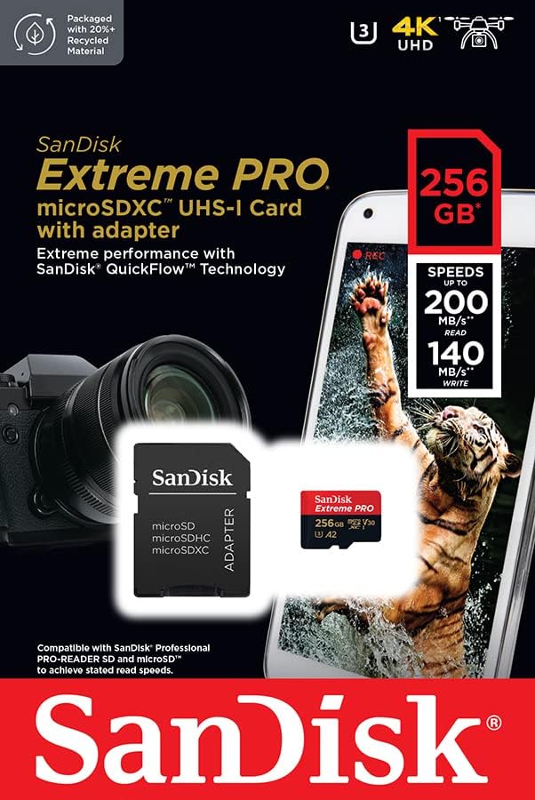 SanDisk Extreme PRO microSDXC 256 Go, 200/140 Mo/s avec adaptateur SD