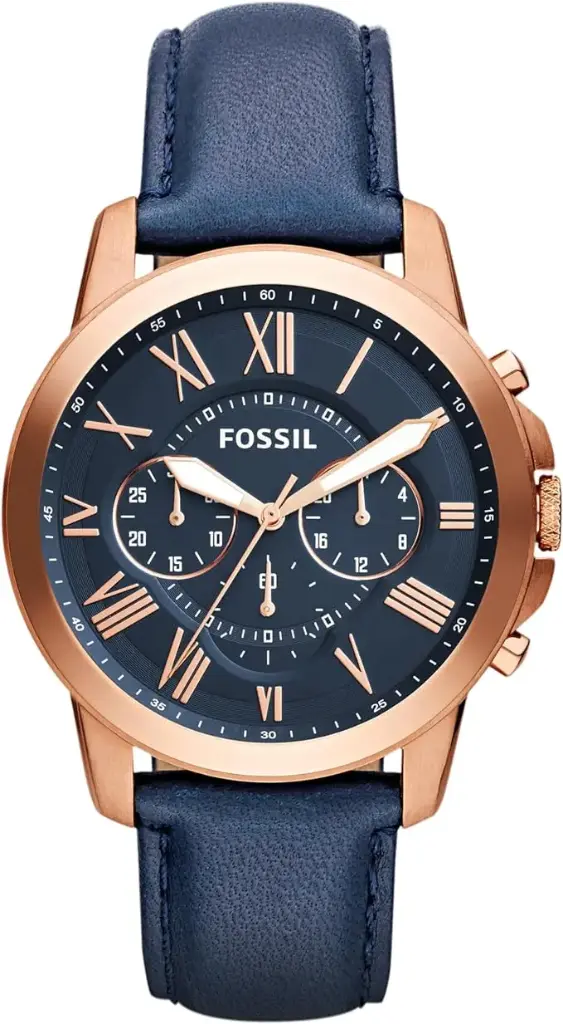[FS4835] FOSSIL Montre pour Homme Grant, Taille de boîtier de 44 mm, Mouvement Chronographe à Quartz Bracelet en Cuir Bleu