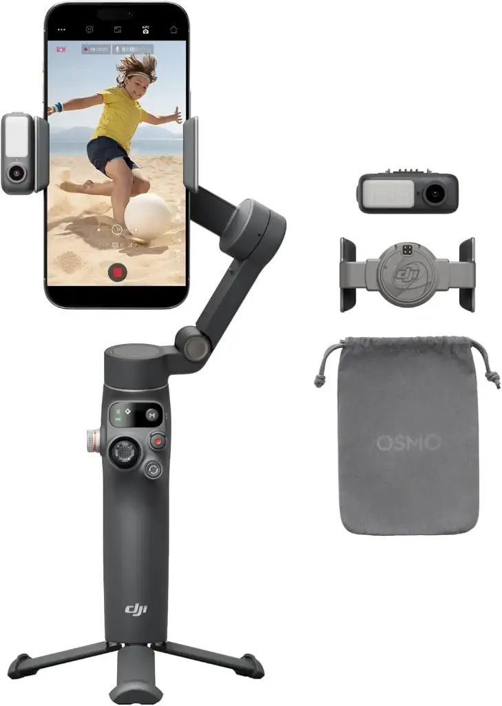 DJI Osmo Mobile 7P stabilisateur  pour iPhone, Android, Suivi natif, Éclairage, Nacelle pour téléphone à 3 axes, Barre d’extension et trépied intégrés