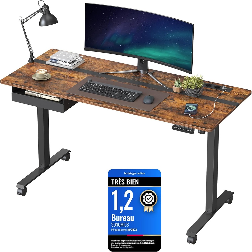 VASAGLE, bureau assis-debout électrique 60 × 140 cm (Marron Rustique et Noir)