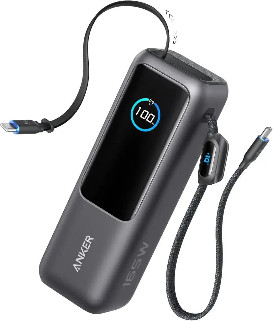 Anker Zolo PowerBank pour ordinateurs portables Batterie Externe, chargeur 25000mAh 3 ports USB-C 100W pour plusieurs appareils, câble intégré+ câble rétractable (Noir)