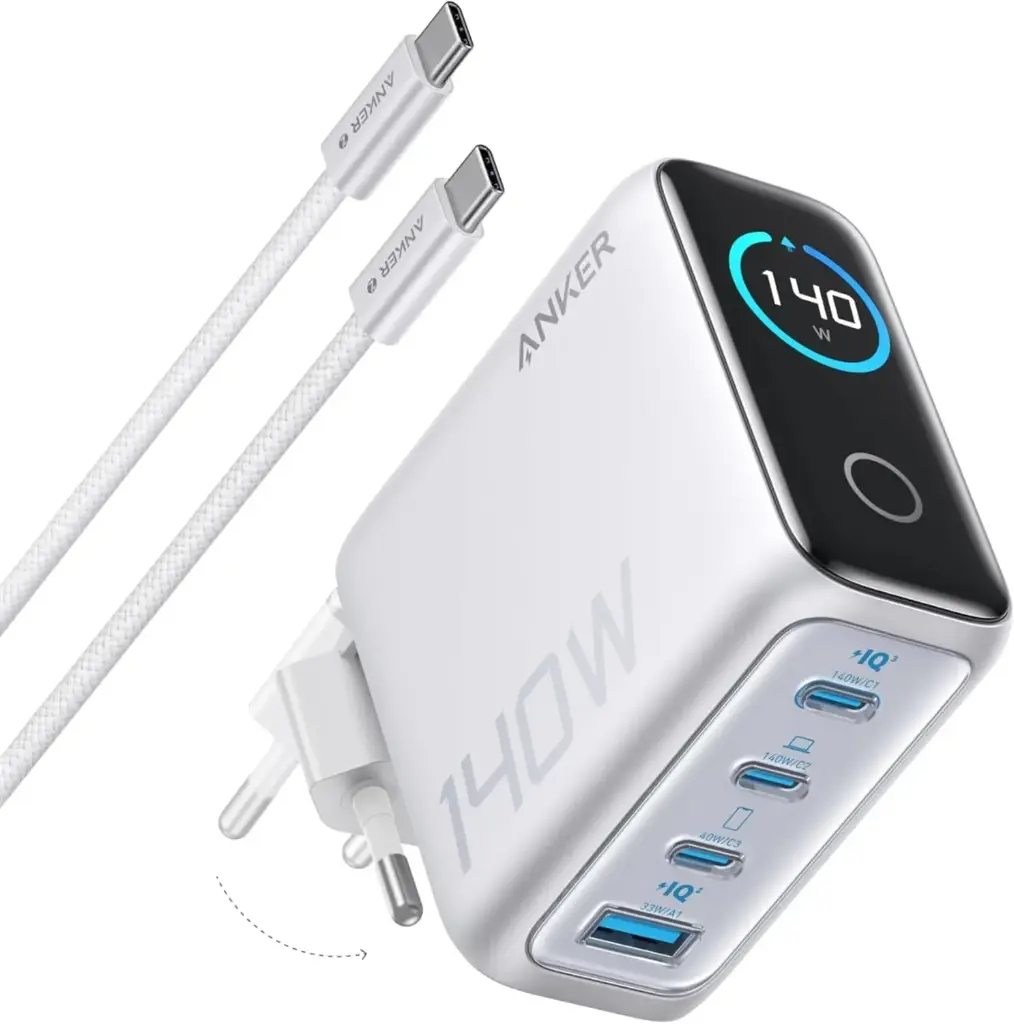 Anker Zolo Chargeur USB-C 140W – 4 ports GaN, PowerIQ, interface tactile, ultra-compact et rapide (Blanc)