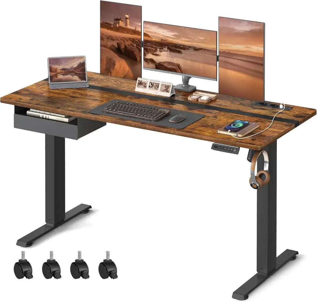 VASAGLE Bureau Électrique Réglable en Hauteur, Bureau Assis -Debout, Multiprise, Tiroir, 70 x 160 cm, Réglable en Continu, Fonction Mémoire de 4 Hauteurs, Marron Rustique et Noir d'encre