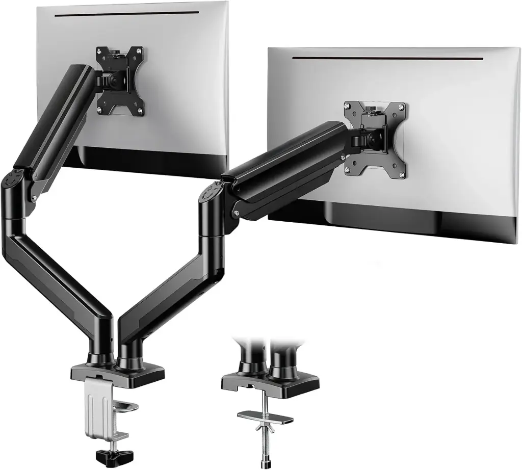ErGear Support Double pour moniteur de 17 à 32 Pouces,  Capacité de Charge Max 2-10 kg,  Réglable , Pivotant à 180°, Inclinable, Rotation à 360°, 75x75/100x100