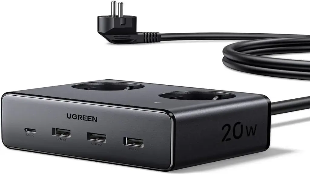 UGREEN 6 en 1 Multiprise avec Interrupteur 3680W 2Prises Chargeur USB C 20W 3 Ports, Câble 1.5M