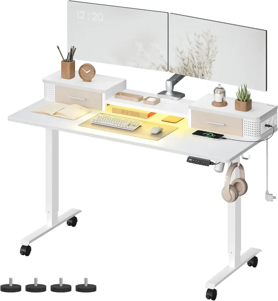 VASAGLE Bureau Électrique Réglable en Hauteur, Bureau Assis -Debout, 60 x 140 x (72-120) cm,  Crochet, Fonction Mémoire, Blanc Nuage 