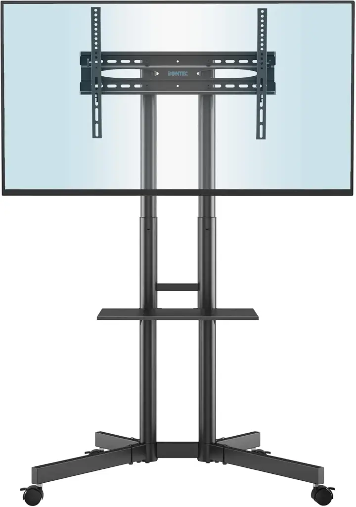 [FN411] BONTEC Support TV sur Pied Mobile avec roulettes pour Télévisions de 32 à 85", Pied TV Réglable en Hauteur, Pied Télévision avec Étagère