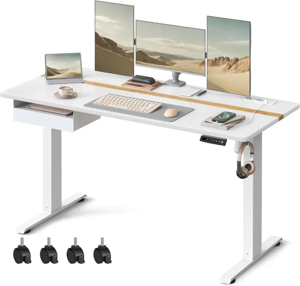 [LSD116W01] VASAGLE Bureau Électrique Réglable en Hauteur, Bureau Assis - debout, Multiprise, Tiroir, 70 x 160 cm, Fonction Mémoire de 4 Hauteurs, Blanc Nuage et Couleur Chêne Naturel