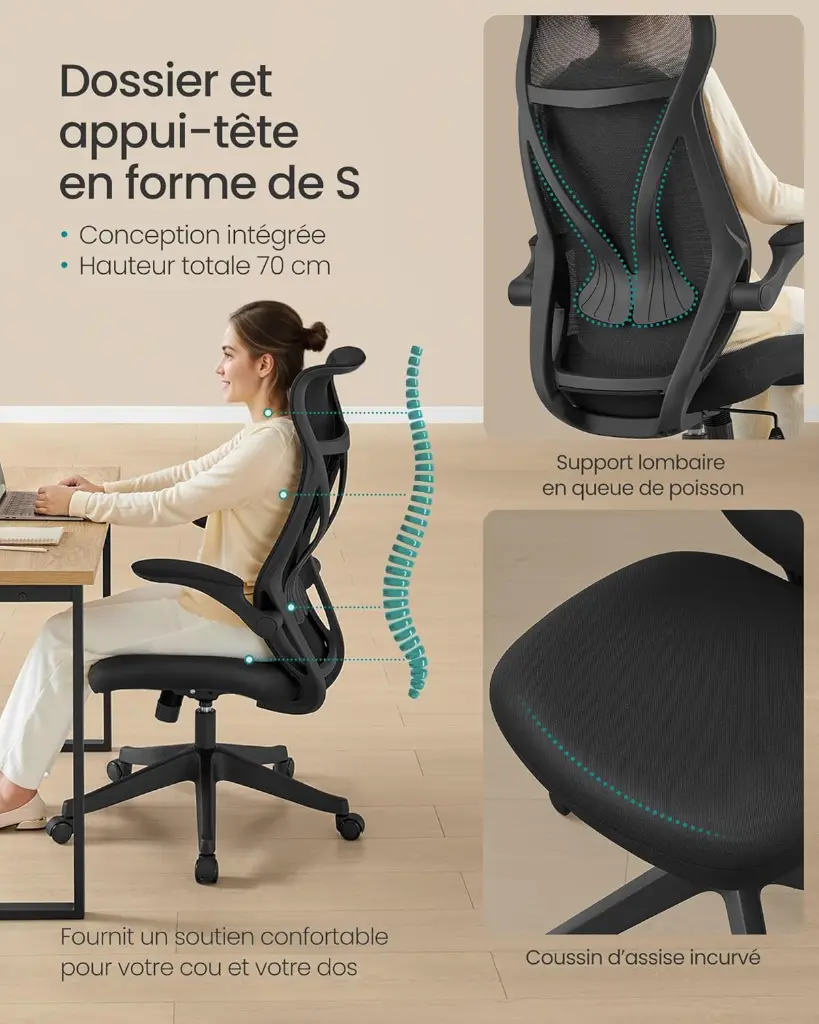 SONGMICS OBN088B01, chaise de bureau ergonomique (Noir d’encre)