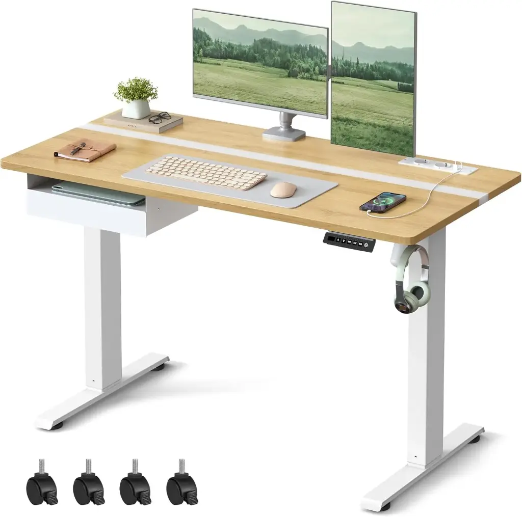 VASAGLE Bureau Électrique Réglable en Hauteur, Bureau Assis -debout, Multiprise, Tiroir, 60 x 120 cm,  Fonction Mémoire de 4 Hauteurs, Couleur Chêne Naturel et Blanc Nuage