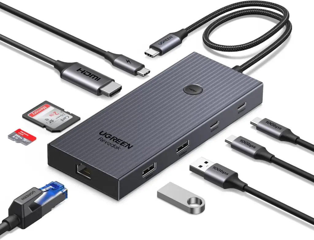 UGREEN Revodok Pro 1091 10Gbps Hub USB C Ethernet Gigabit HDMI 4K 60Hz Lecteur de Carte SD TF PD 100W Multi Data Ports 2A-2C 9 en 1 Dock USB C 
